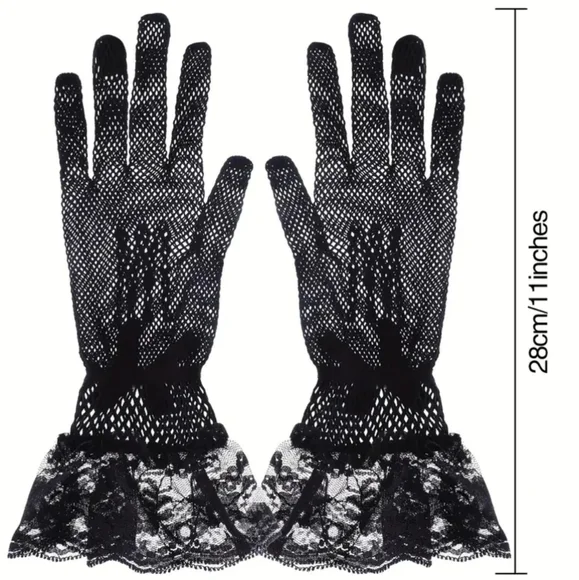 Elegant Black Tight Knit Fishnet & Lace Ruffle Gloves W/A Cute Black Satin Bow - Picture 3 of 7